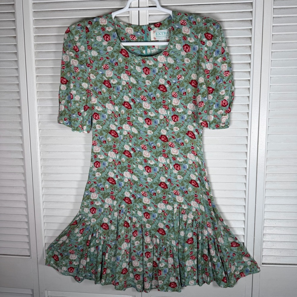 🌹 Vintage 90s Floral Mini Dress Size S Rayon Cottagecore EXTRA Femme